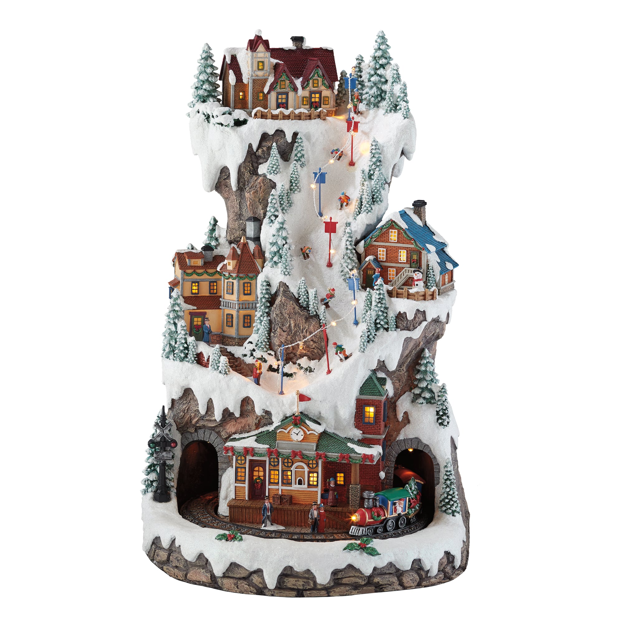 Moments in Time 20.5” Animated Tiered Ski Resort Mountain Vintage Train Station Décor